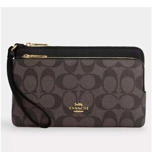Coach Signature Brown and Black Double Zip Wristlet